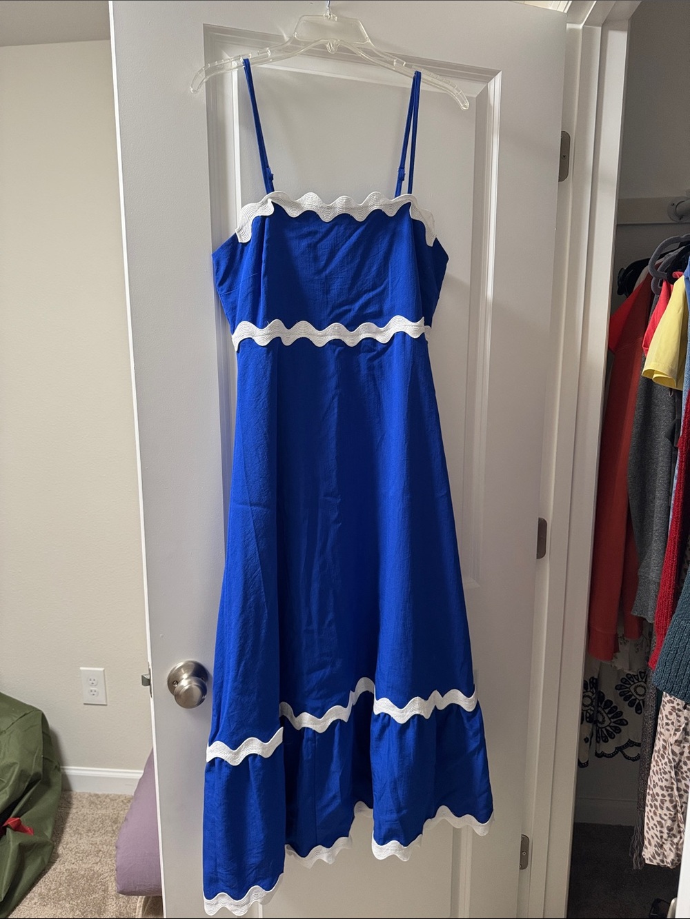 Blue Spaghetti Strap Maxi Dress with White Scallop Trim